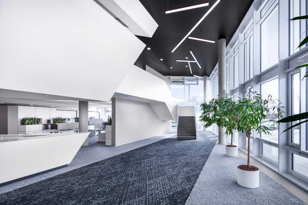 Heller Büroinnenraum mit Treppe, großen Fenstern, Pflanzen und grau-blau gemustertem Teppichboden.