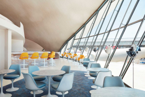 Interior of the TWA Hotel in New York with Knoll furniture and Saarinen architecture.