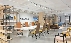 Andreu World showroom in New York featuring workplace and contract furniture by the Spanish manufacturer.