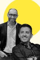 Black-and-white portrait composite of Andrea Mulloni and Nicolò Fanzago of Arper in front of a yellow circle.