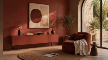 Interior in warm reddish-brown tones featuring COLORNETWORK’s Sustained Color No. 10 “mother earth!”.